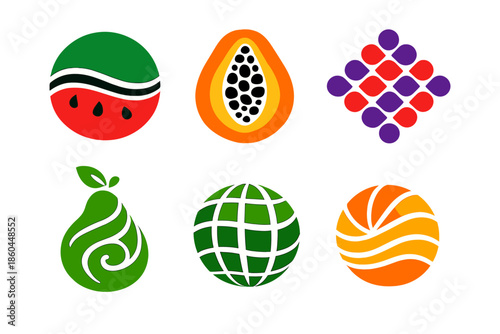 Fruity Icon Designs. Solid style icons of Fruity Surfaces: watermelon ripple, papaya mesh, berry lattice, pear swirl, melon grid,