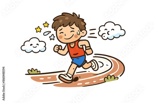 Joyful Marathon Runner. Doodle-style vector icon of a long-distance runner pushing through fatigue, sweat drops as stars, slightly