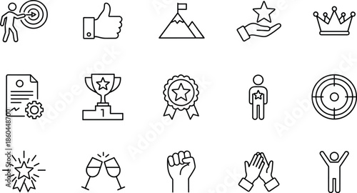Business achievement and motivation line icon set featuring goal targets, thumbs up, mountain peak success, leadership crown, winner trophy, and celebration symbols.