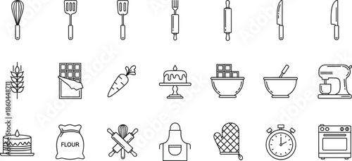 Complete baking and pastry preparation line icon set featuring whisks spatulas rolling pins cakes chocolate bars mixers and professional kitchen tools