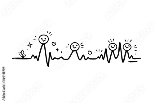 Playful Timeline Doodle. Doodle-style vector icon of a living timeline, graph line pulsing like an ECG, increasing tempo toward