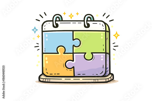 Quarterly Puzzle Calendar. Doodle-style vector icon of a completed quarterly puzzle calendar, all pieces perfectly locked together