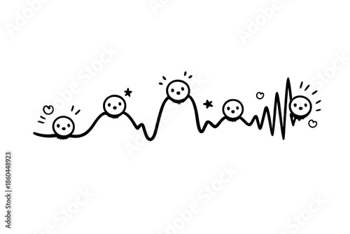 Playful Timeline Doodle. Doodle-style vector icon of a living timeline, graph line pulsing like an ECG, increasing tempo toward