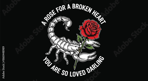 Scorpion and Rose Design - A symbol of love and resilience for a broken heart, perfect for apparel and gifts.