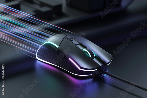 A modern computer mouse on a speedy neon blur background