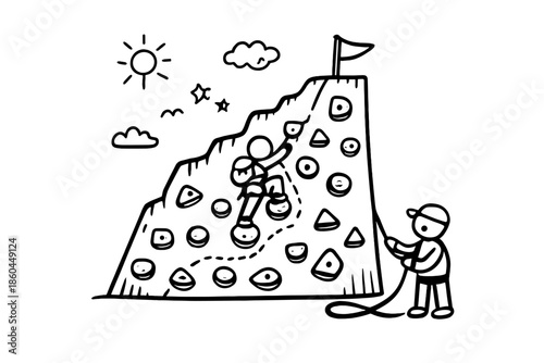 Career Wall Climbing. Doodle-style vector icon of a career wall half conquered, numerous project holds already climbed, mentor