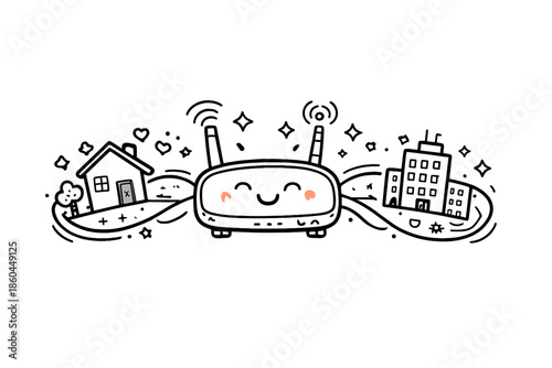 Friendly Hybrid Router Icon. Doodle-style vector icon of a fully optimized hybrid router, stable harmonious signal flow connecting