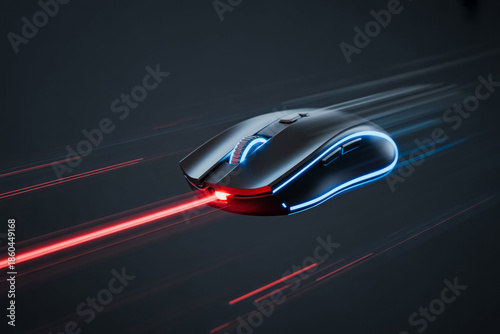 A modern computer mouse on a speedy blur background