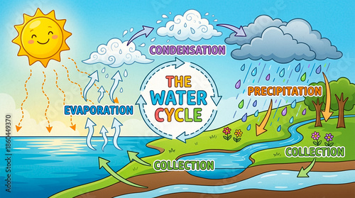A simple educational infographic illustration of the water cycle