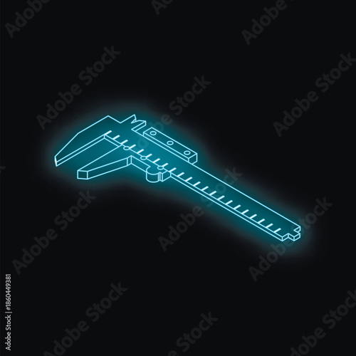 Neon blue vernier caliper measuring tool on dark background representing accuracy and precision