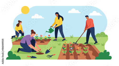 Diverse group of people gardening together in a community garden