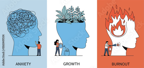 Mental health concept illustrations, set of 3. Panel 1 Anxiety, giant blue head profile filled with tangled wire scribbles, tiny man observing. Panel 2 Growth, giant head filled with plants