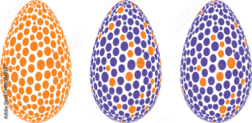Easter egg vector set with orange and purple polka dot patterns for holiday celebration spring season decorative ornaments and festive greeting card backgrounds.