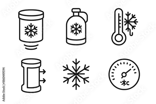 Cryogenics Icon Set. Line style icons of Cryogenics Principles: cooling chamber, cryostat unit, thermometer with frost, vacuum