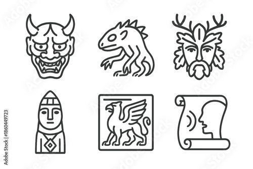 Cultural Legends Icons. Line style icons of Cultural Variants of Legends: yokai mask, chupacabra outline, European forest spirit,