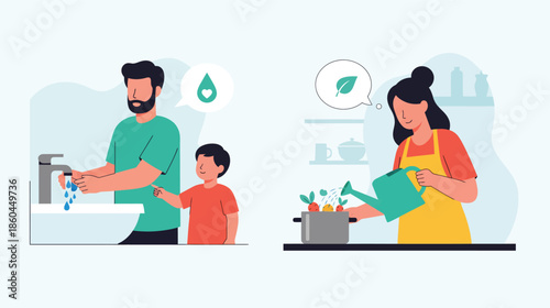 Father and son washing hands, woman watering plants, promoting water conservation