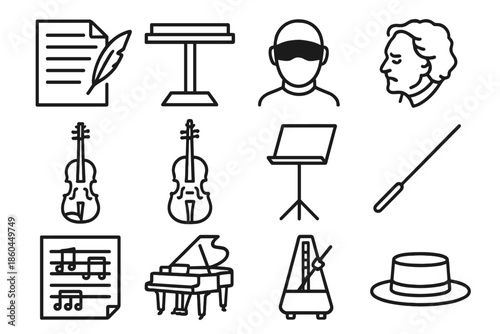 Musical Legacy Icons. Line style icons of Musical Legacy: Unfinished Score, Conductor's Podium, Silent Orchestra, Lost Genius;