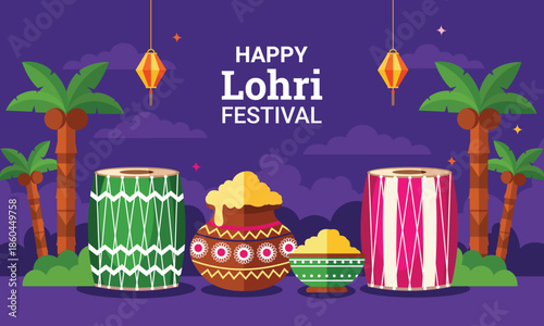 Happy lohri festival celebration with traditional punjabi drums and decorations