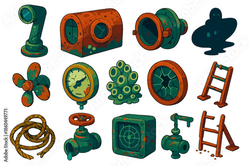 Abandoned Submarine Icons. Isometric vector illustration set Abandoned Submarine: broken periscope, rusted hull section, open