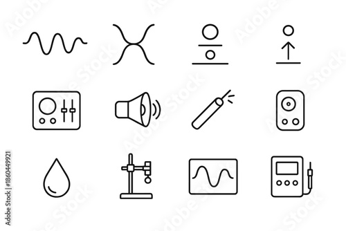 Levitated Acoustics Icons. Line style icons of Levitated Acoustics: Sound Wave, Resonant Standing Wave, Floating Droplet,
