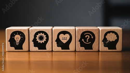 A series of wooden blocks displaying different silhouettes of a human head and associated mental concepts showcasing thought processes high quality