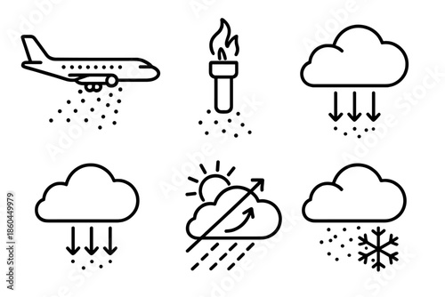 Cloud Seeding Icons. Line style icons of Cloud Seeding: aircraft releasing particles, silver iodide flare, seeded cloud symbol,