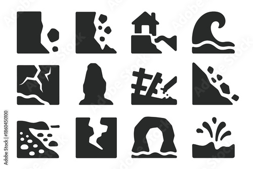 Coastal Erosion Icons. Solid style icons of Coastal Erosion: Cliff Face, Falling Rock, House on Edge, Wave Action, Cracked Ground,