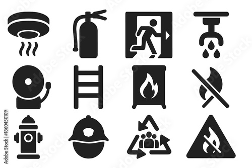 Fire Safety Icons. Solid style icons of fire safety: smoke detector, fire extinguisher, emergency exit, sprinkler head, fire alarm
