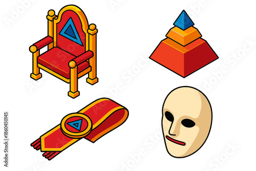 Society Hierarchy Icons. Isometric vector illustration set Society Hierarchy Symbols: Grandmaster’s chair, layered triangle ranks,
