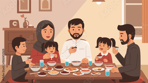 Muslim family enjoying Iftar meal together during Ramadan