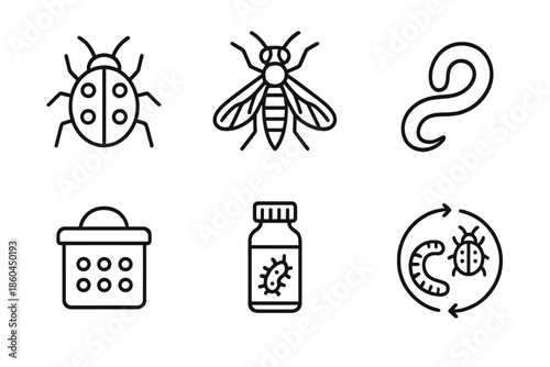 Biological Control Icons. Line style icons of Biological Controls: predator insect, parasitic wasp, beneficial nematode,