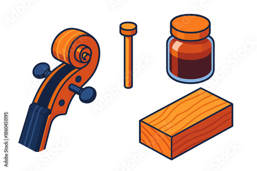 Violin Crafting Essentials. Isometric vector illustration set Violin Crafting Essentials: Hand-carved scroll head, internal sound