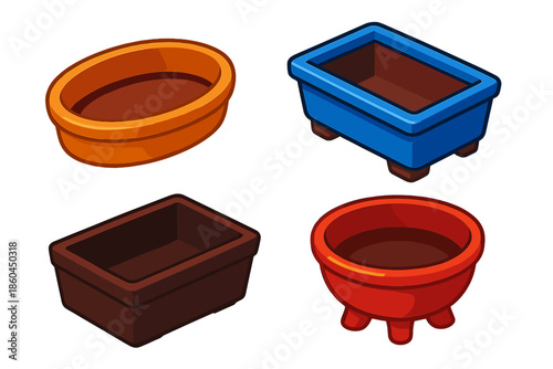 Bonsai Pottery Varieties. Isometric vector illustration set Bonsai Pottery Varieties: Oval clay pot, rectangular glazed pot,