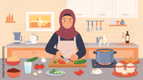Muslim woman in hijab cooking in a modern kitchen, preparing a healthy meal with fresh vegetables