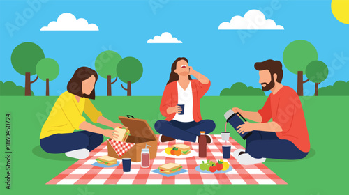 Three friends enjoying a relaxing outdoor picnic on a checkered blanket