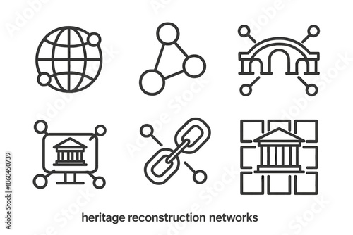 Heritage Network Line Icons. Line style icons of heritage reconstruction networks: global connection map, shared data nodes,