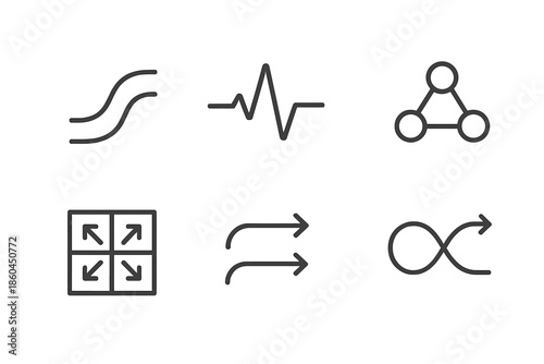 Synchronized Motion Icons. Line style icons of synchronized motion routes: dual travel lines, pulse rhythm path, linked navigation