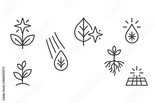 Celestial Flora Icons. Line style icons of star-nourished flora: radiant plant silhouette, starlight beam lines, glowing leaf