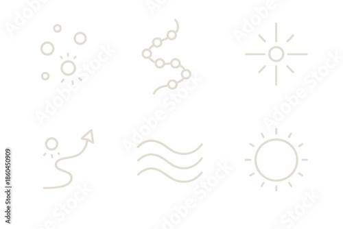 Glowing Path Markers. Line style icons of glowing trail markers: floating light dots, rhythmic path pattern, beacon line grid,