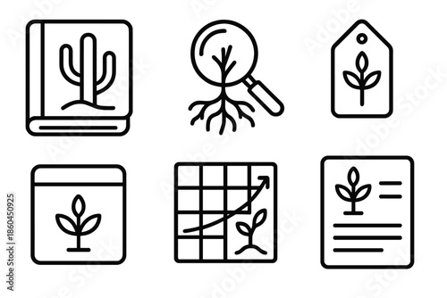 Survival Flora Icons. Line style icons of survival flora documenters: notebook with desert plant, magnifying glass over roots,