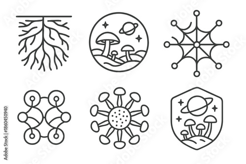 Stellar Fungus Icons. Line style icons of stellar fungus ecosystems: mycelium structure grid, planetary biome outline, radiant
