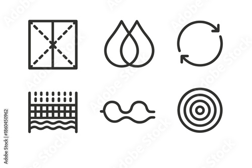 Reflective Fusion Icons. Line style icons of reflective fusion pathways: liquid symmetry map, seamless droplet merge, circular