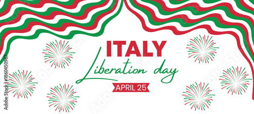 Italy Liberation Day Banner Design with Wavy Tricolor Lines and Fireworks, April 25 Italian National Holiday Celebration