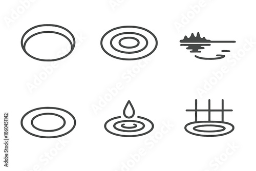 Still Pond Icons. Line style icons of still ponds as focus points: circular water mirror, gentle ripple mark, tranquil reflection