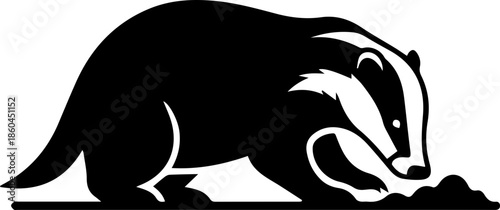 Bold black and white illustration of a badger digging in the earth, perfect for branding and logo design