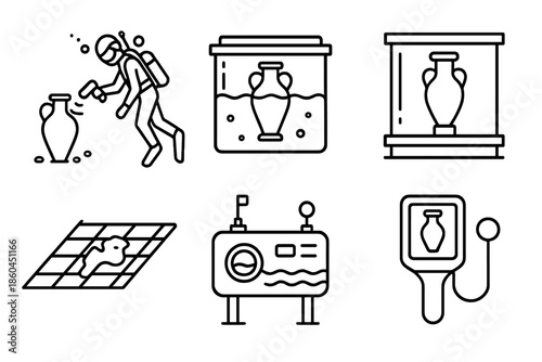 Marine Artifact Icons. Line style icons of marine artifact conservators: submerged relic scanner, preservation container,