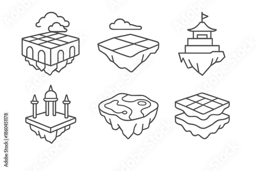 Fantasy Foundation Icons. Line style icons of fantasy foundation plans: dream architecture grid, surreal base layout, floating