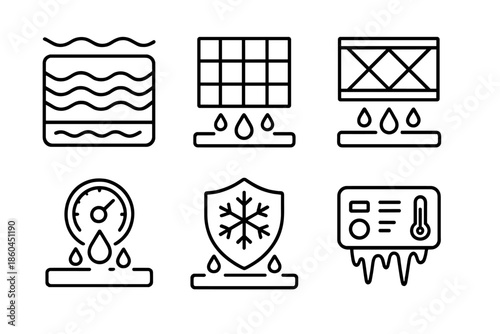 Ice Prevention Icons. Line style icons of ice melt prevention systems: insulated layer module, thermal control grid, reflective