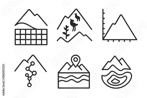 Vertical Ecosystem Analyzers. Line style icons of vertical ecosystem analyzers: mountain layer grid, species distribution diagram,