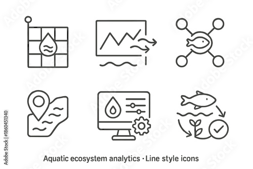Aquatic Ecosystem Analytics Icons. Line style icons of aquatic ecosystem analytics: environmental monitoring grid, flow and